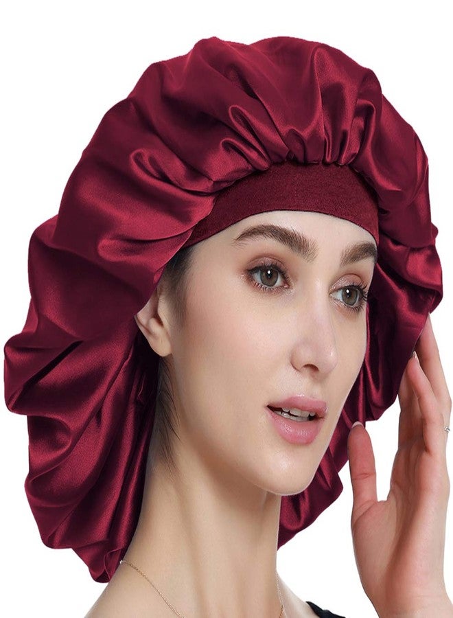Alnorm Silk Satin Bonnet Sleep Cap Extra Large for Braids Locs Curls Hair Wine Red - Image 5